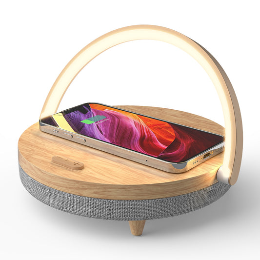 Phone Wireless Charger / Bluetooth Speaker - Wooden Table Lamp & Fast Charging