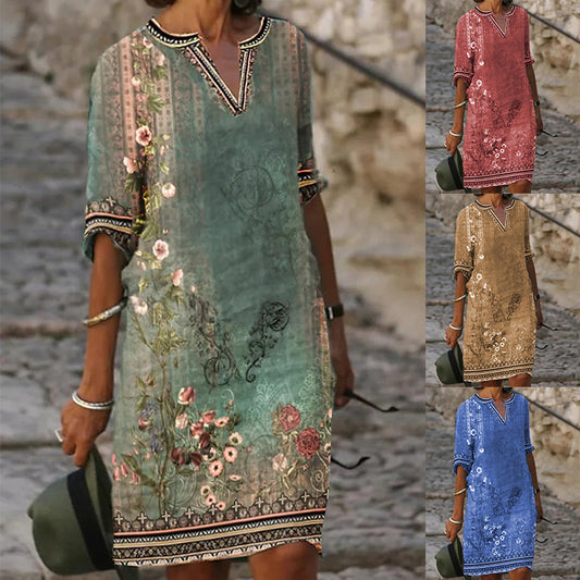 Women's New National Style Printed Casual V-neck Dress